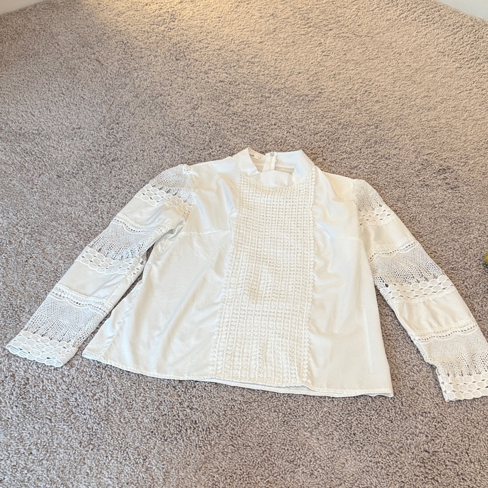 White Lace Panel Long-Sleeve Blouse